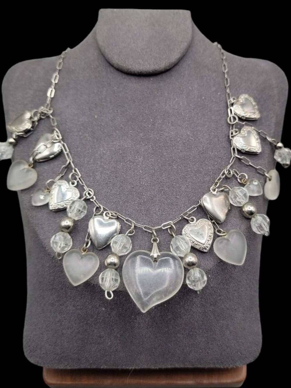 Love Choker Necklace 16" Frost Glass 8 Silver Plated Double Photo Locket Charms